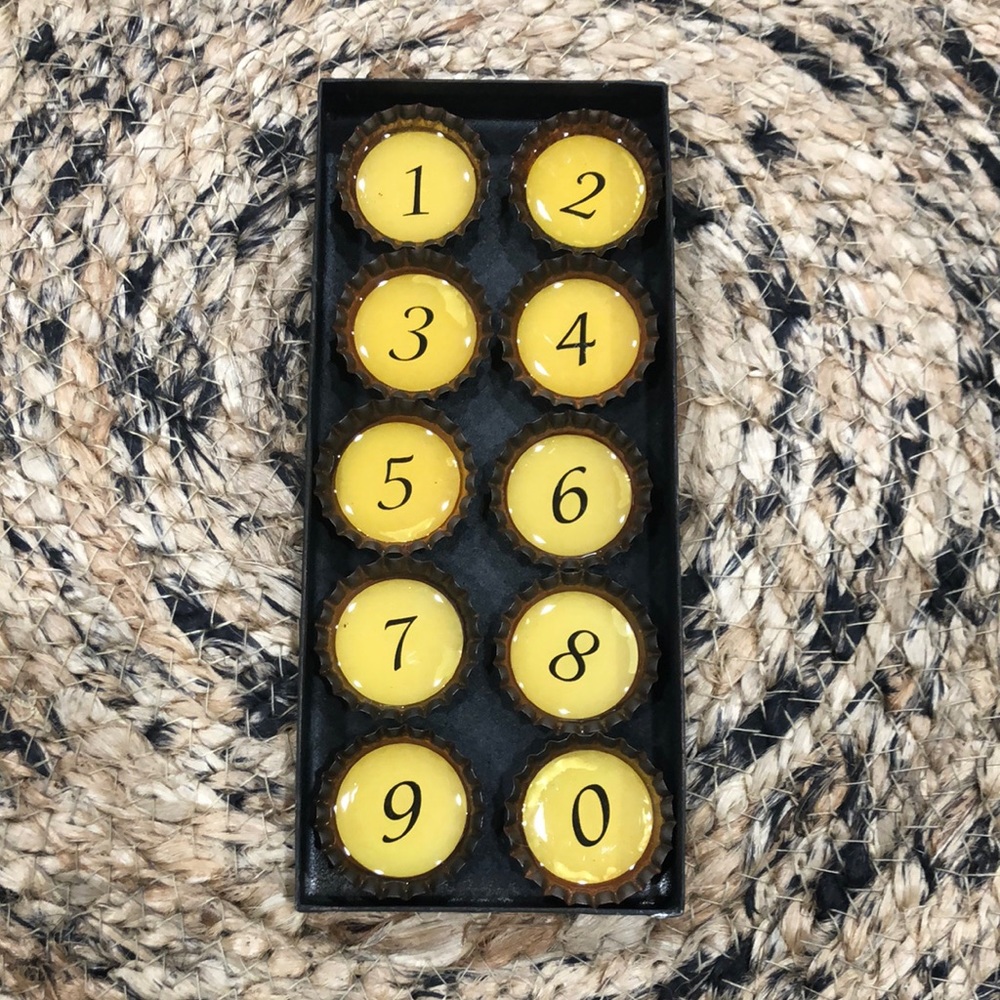 Set of 10 Pottery Barn Bottle Cap Magnets in Metal Box NEW!